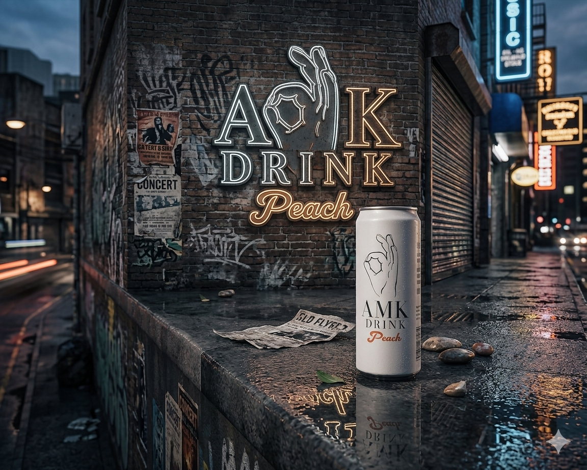 AMK DRINK in Berliner Gasse mit Neon-Logo